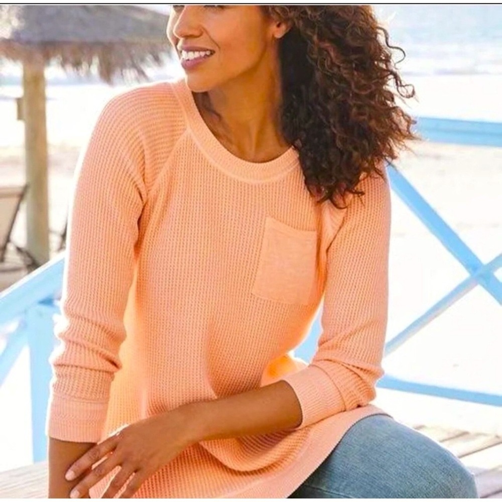 Soft Surroundings Womens Top Large Waffle Knit Tunic Pocket Apricot Long Sleeve - Picture 2 of 8